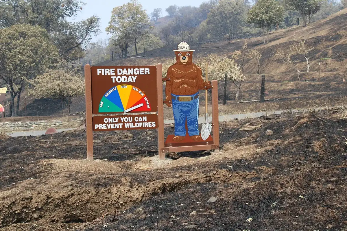 A U.S. Forest Service fire danger sign reading Very High beside a road in Klamath National Forest, California.
